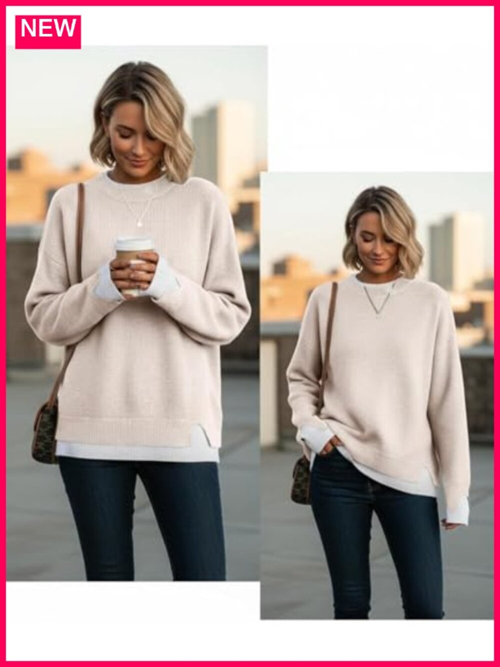 Oversized Knit Pullover Sweater Viscose Blend Long Sleeve Crew Neck - Picture 5 of 6
